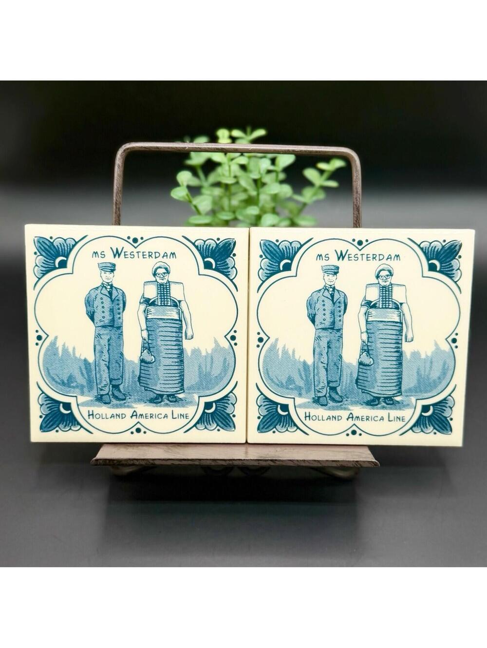Holland America Line 2004 MS Westerdam Blue Delft Tile Coasters Cork Backed Set